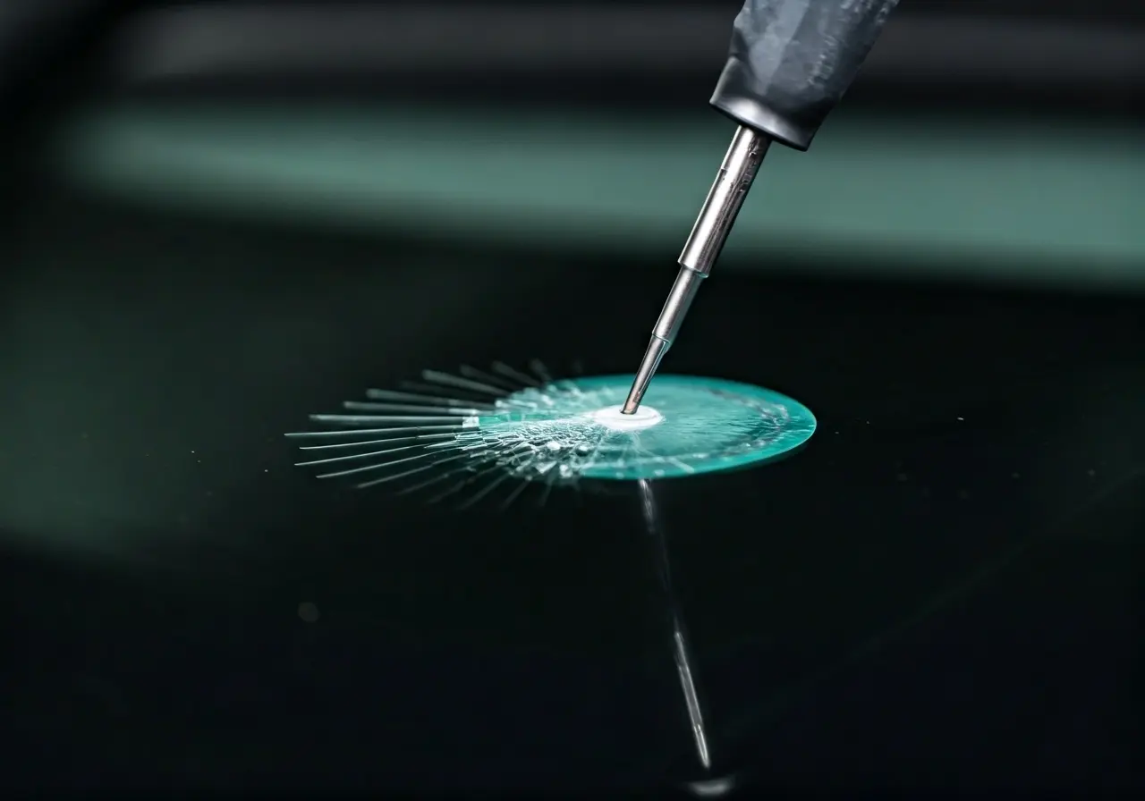 A close-up of a windshield chip repair in progress. 35mm stock photo