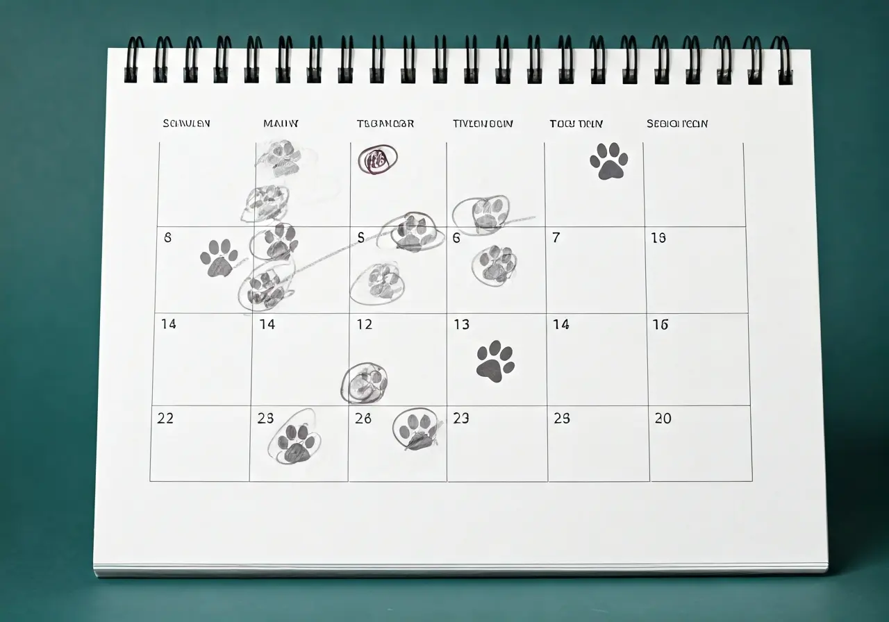 A calendar with marked dog training sessions and paw prints. 35mm stock photo
