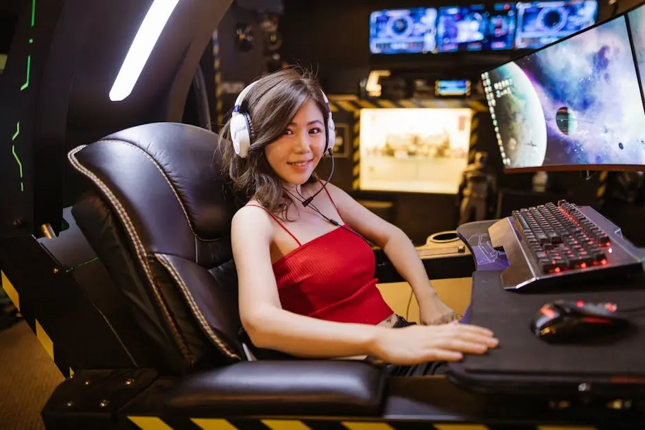 A woman seated at an advanced gaming setup featuring a scorpion gaming chair, multiple monitors, and gaming peripherals.