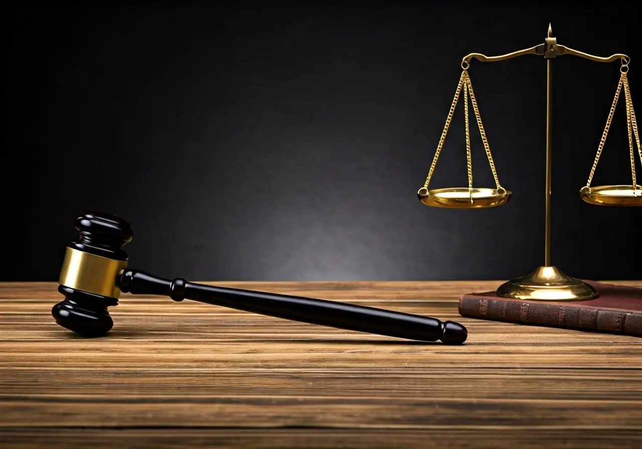 Gavel and scales of justice on a wooden table. 35mm stock photo