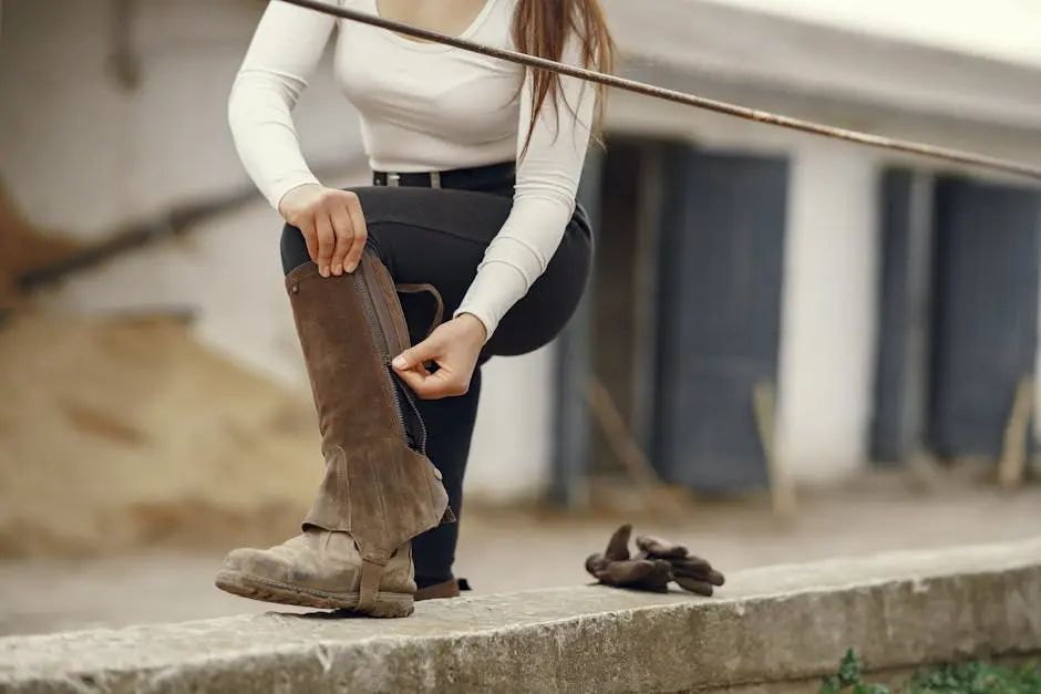 A woman wearing riding boots stoops to zip them up near a stable, preparing for horseback riding.
