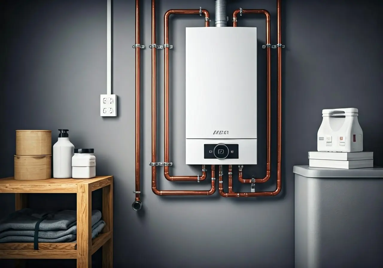 A modern boiler system installed in a clean, organized utility room. 35mm stock photo