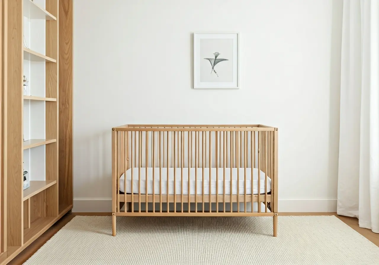 A modern, minimalist crib in a chic LA nursery. 35mm stock photo