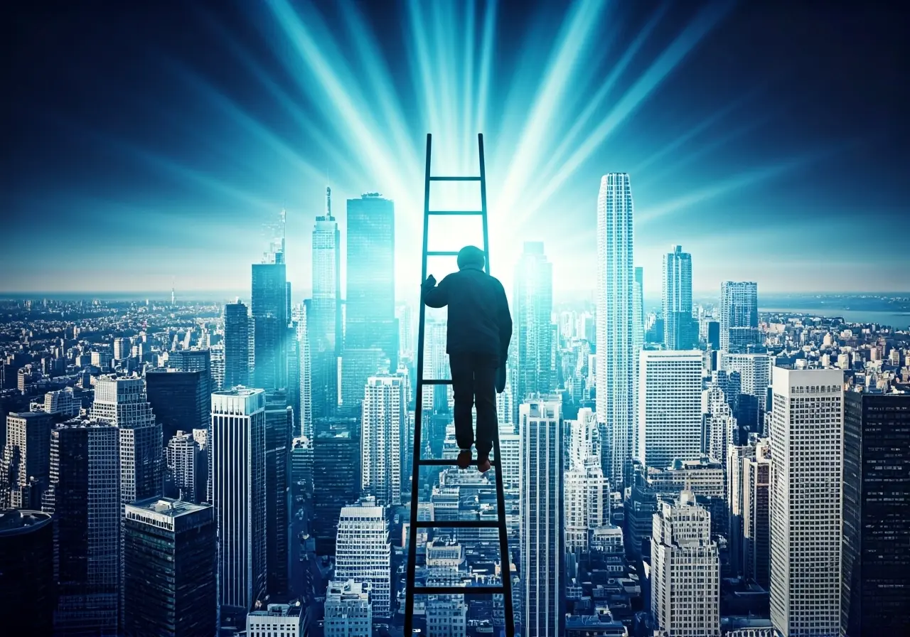 A person climbing a ladder towards a bright city skyline. 35mm stock photo