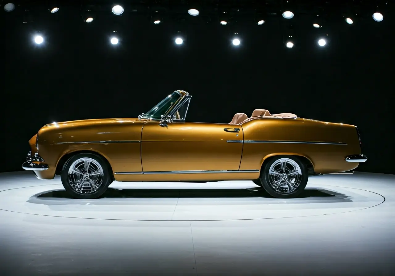 Image of a shiny car in a showroom under bright lights. 35mm stock photo