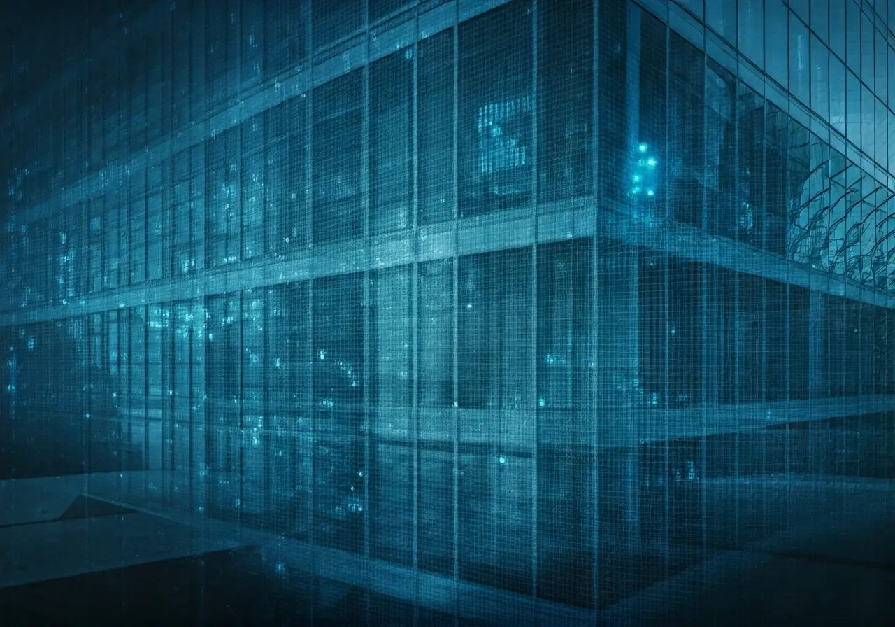 A modern office building with high-tech security features displayed. 35mm stock photo