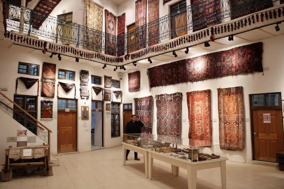 Explore a rich display of traditional carpets in a museum in Erbil, Iraq, showcasing intricate designs.