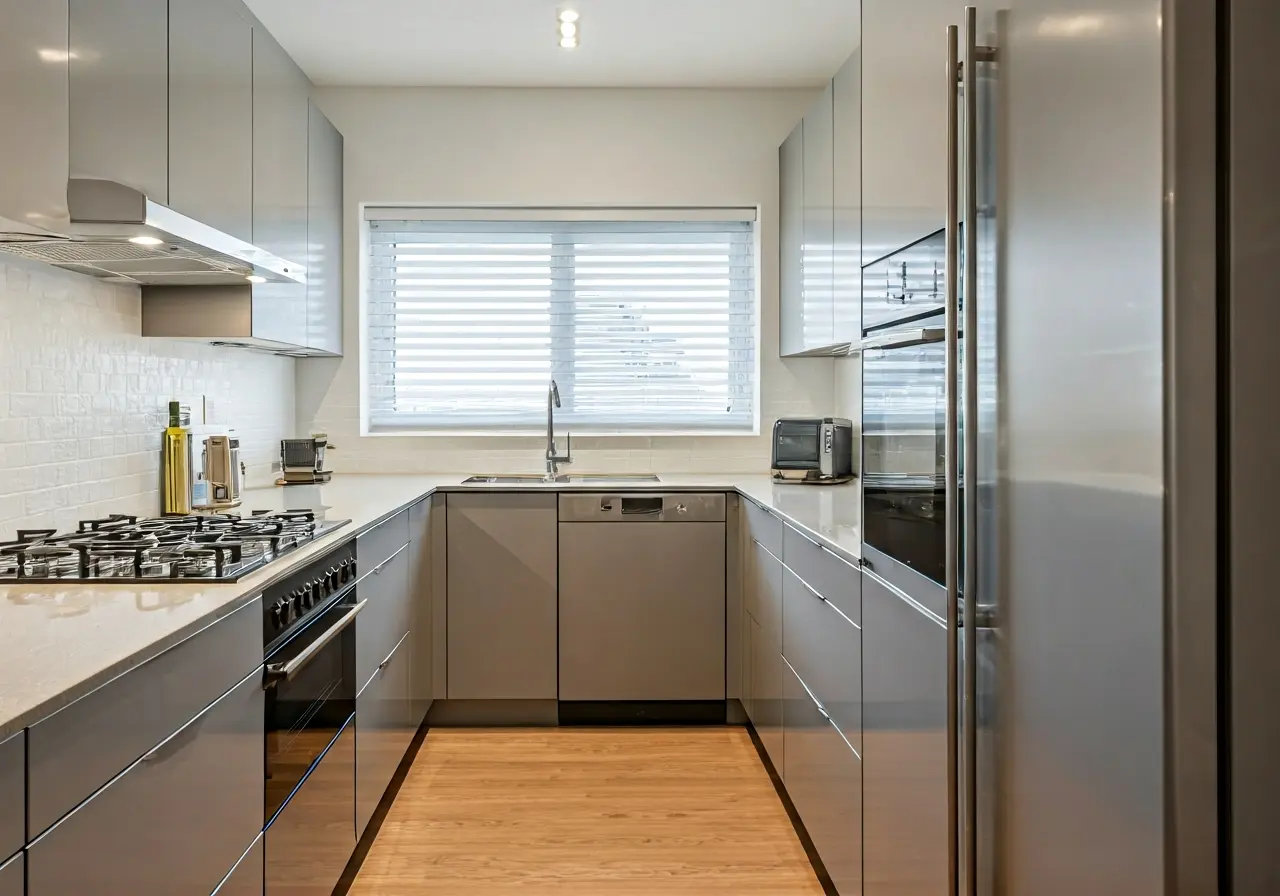 A modern kitchen with sleek cabinetry and stainless steel appliances. 35mm stock photo