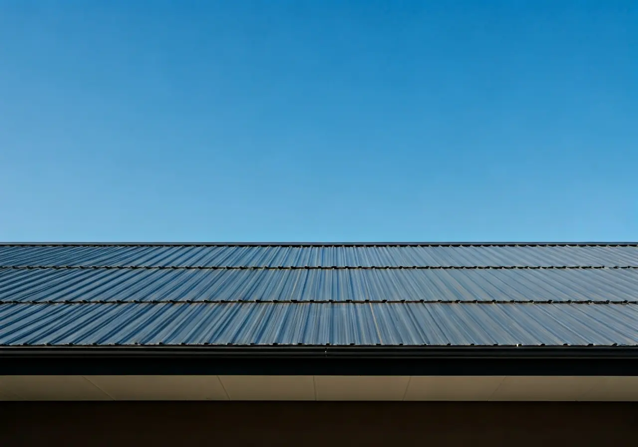 A sleek metal roof gleaming under a clear blue sky. 35mm stock photo