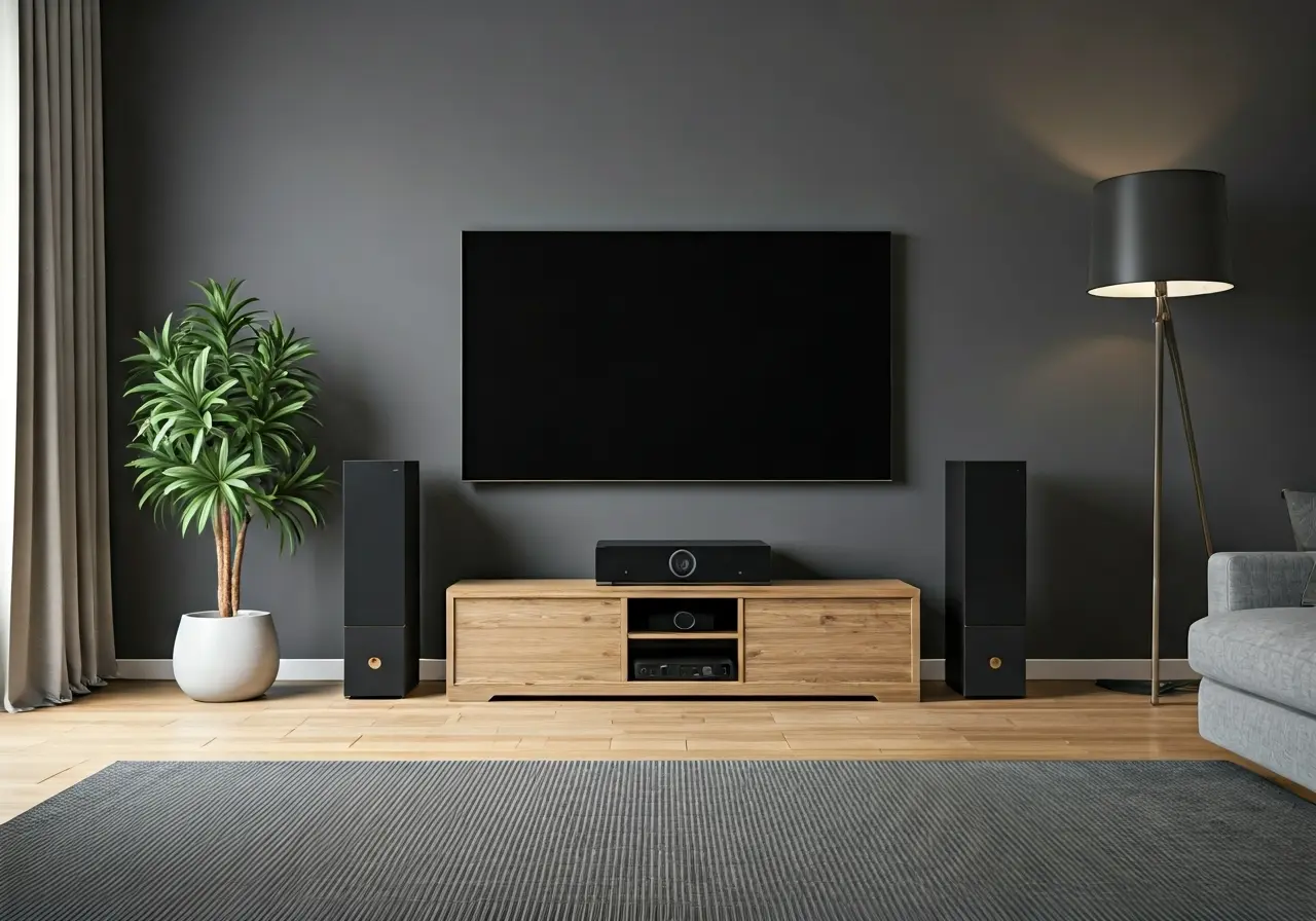 A modern living room with a sleek home theater system. 35mm stock photo