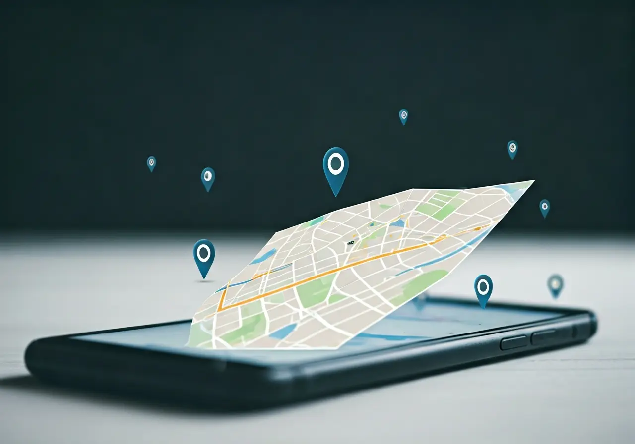 A city map with location pins and app icons overlay. 35mm stock photo