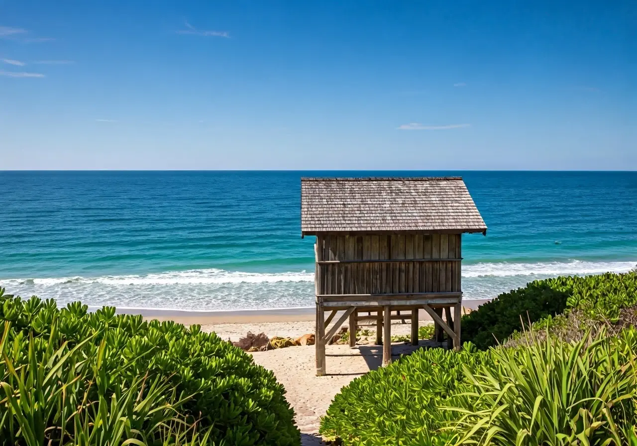 A tranquil beach house overlooking a pristine ocean view. 35mm stock photo
