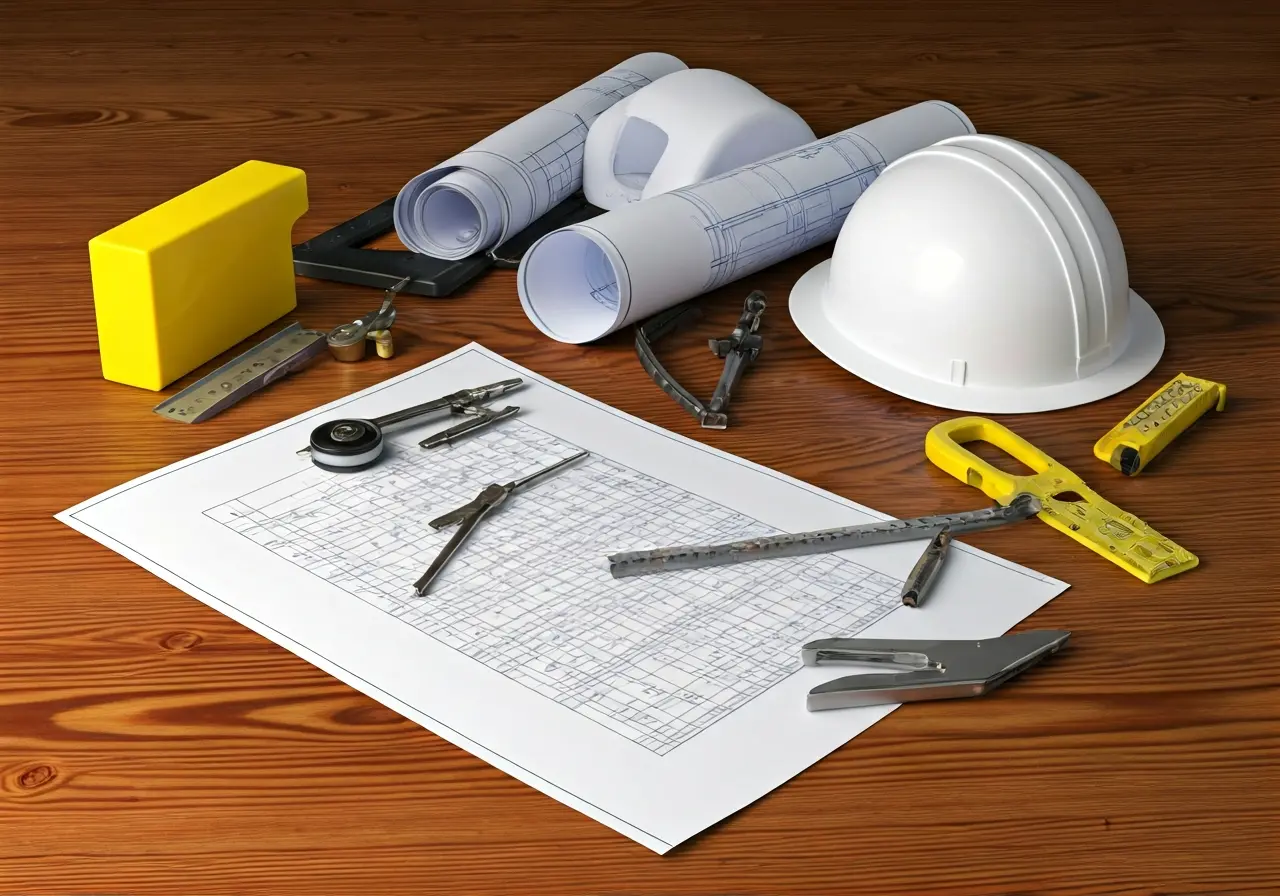 A blueprint and construction tools on a wooden desk. 35mm stock photo