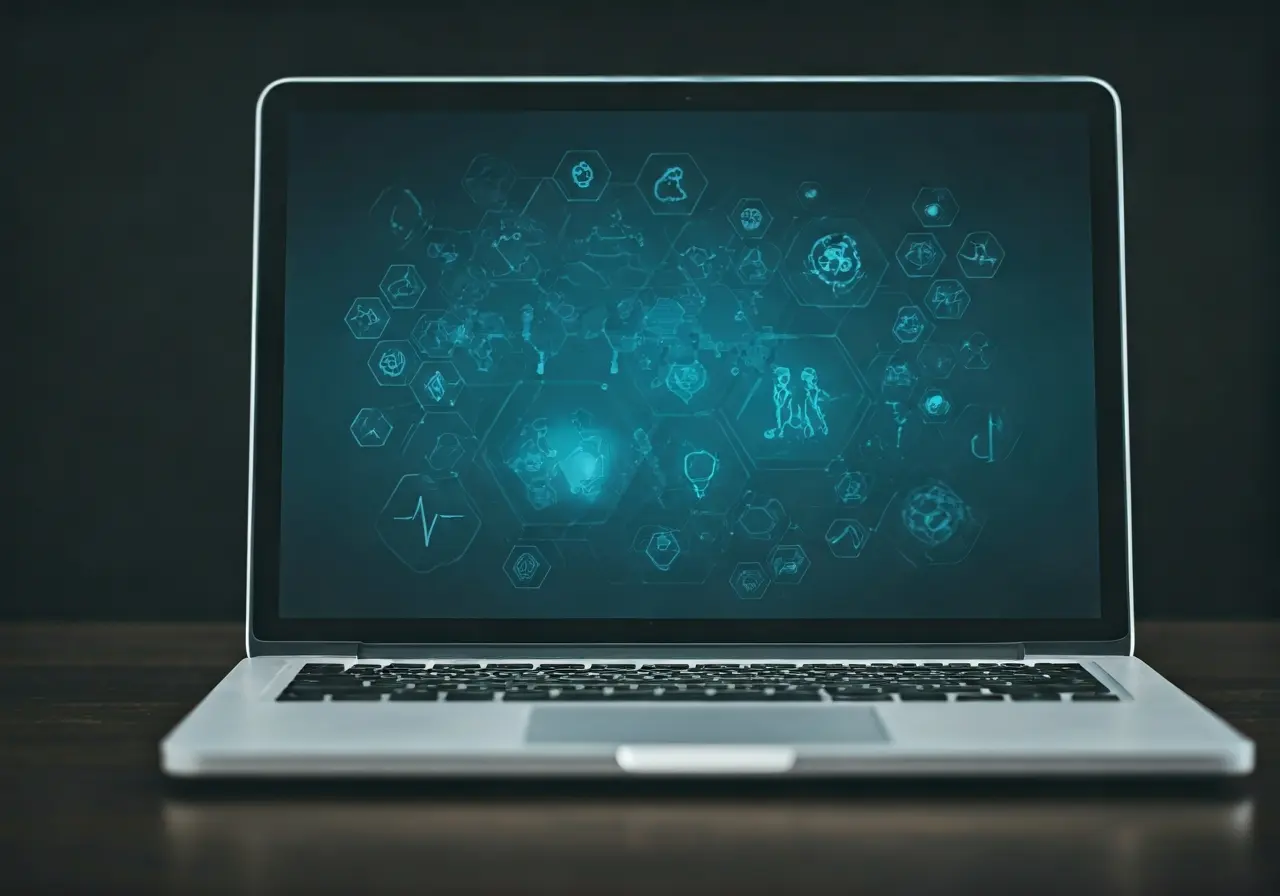 A laptop displaying a digital classroom with medical icons. 35mm stock photo