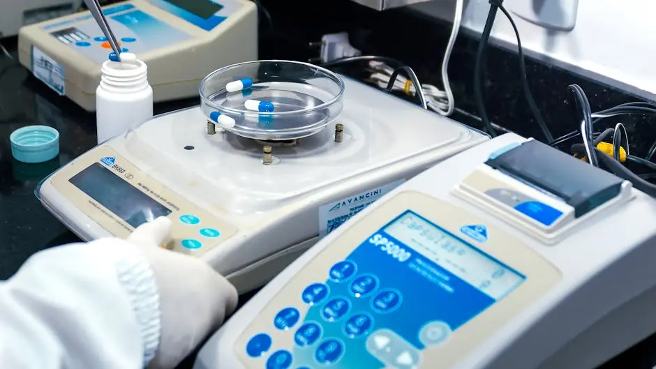 Close-up of laboratory equipment with capsules, capturing pharmaceutical analysis.