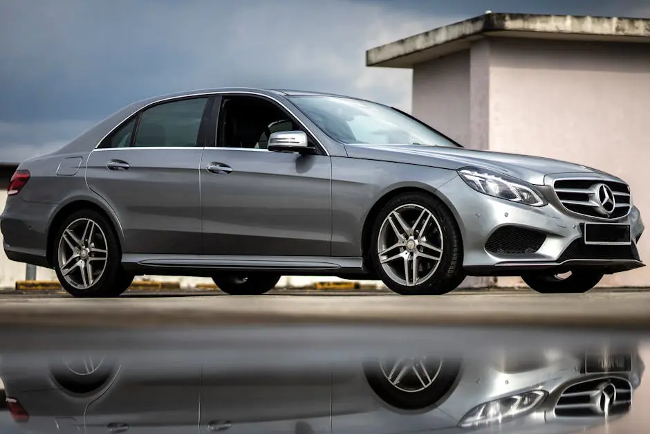 Side view of a luxurious silver Mercedes Benz limousine with alloy wheels, exuding elegance and class.