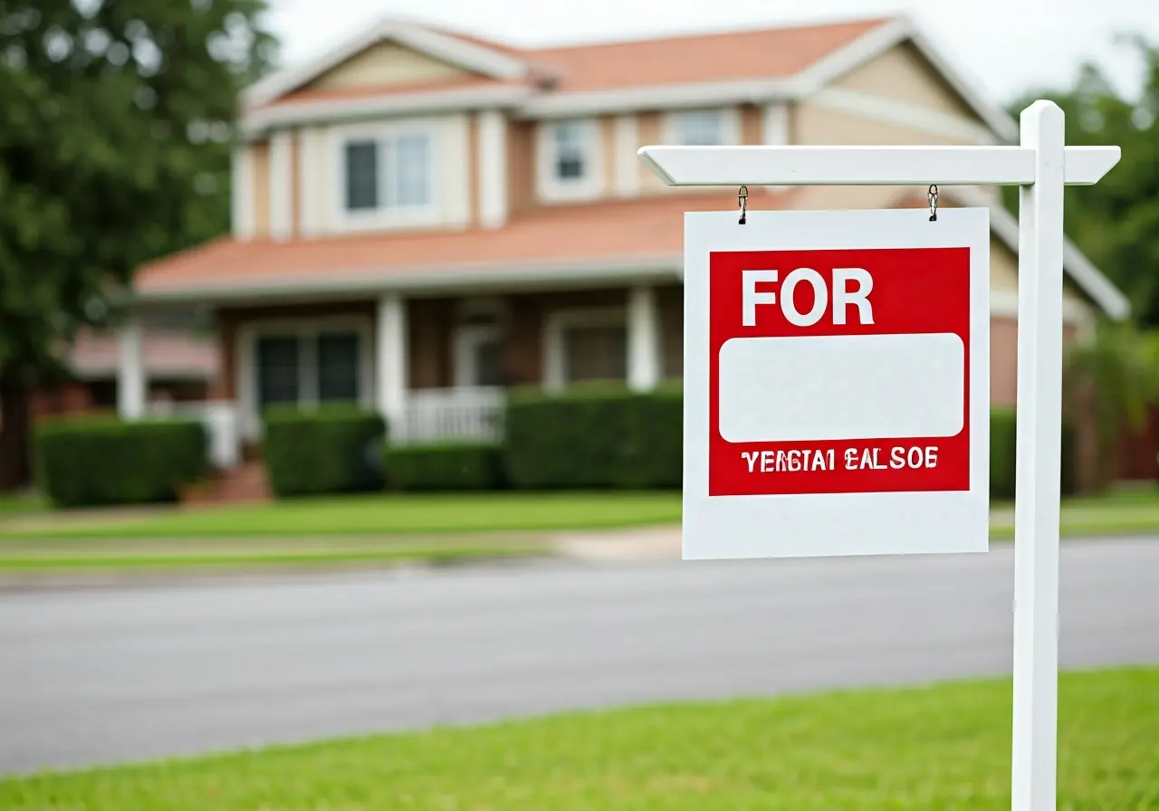 A For Sale sign in front of a suburban home. 35mm stock photo