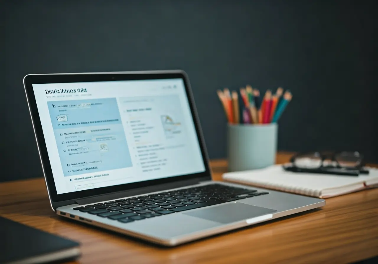 A laptop displaying educational content with a study desk setup. 35mm stock photo