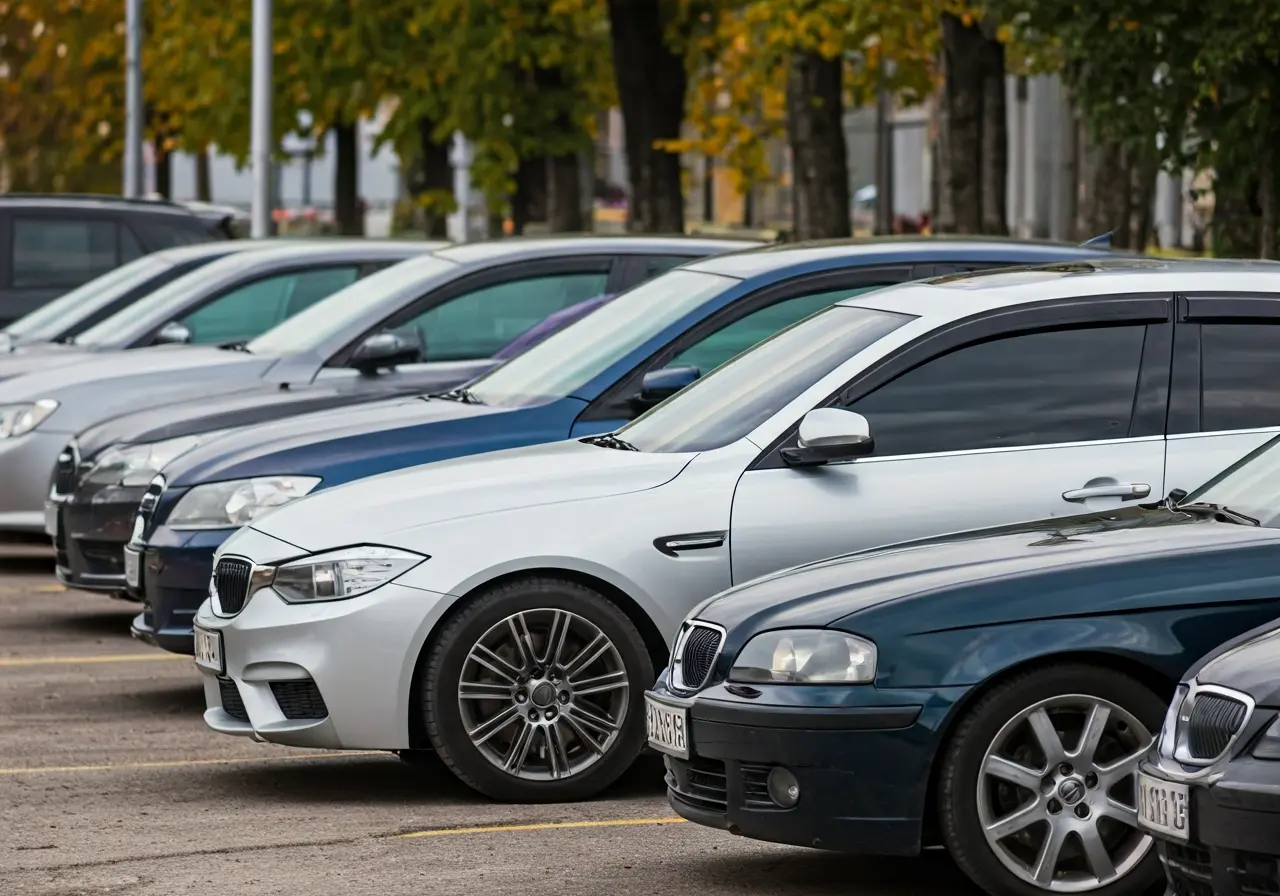 A row of cars with various window tints, parked outdoors. 35mm stock photo