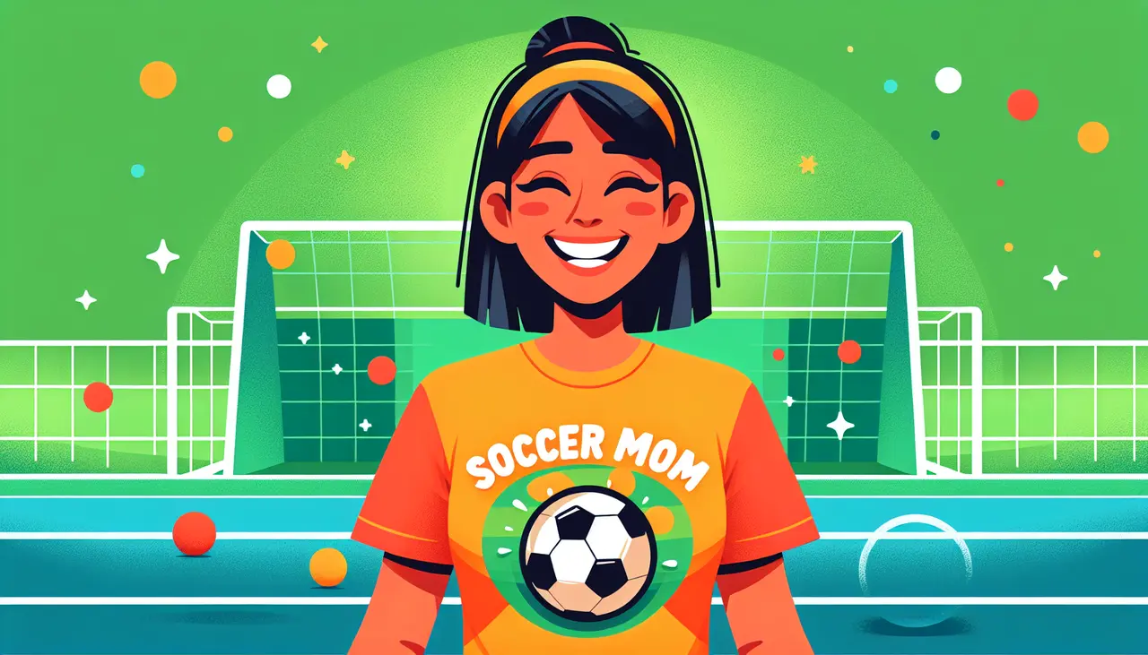 Draw a graphic in flat design style. A flat design illustration of a cheerful soccer mom wearing a colorful, bold graphic T-shirt with a soccer ball and motivational phrase, standing on a soccer field.