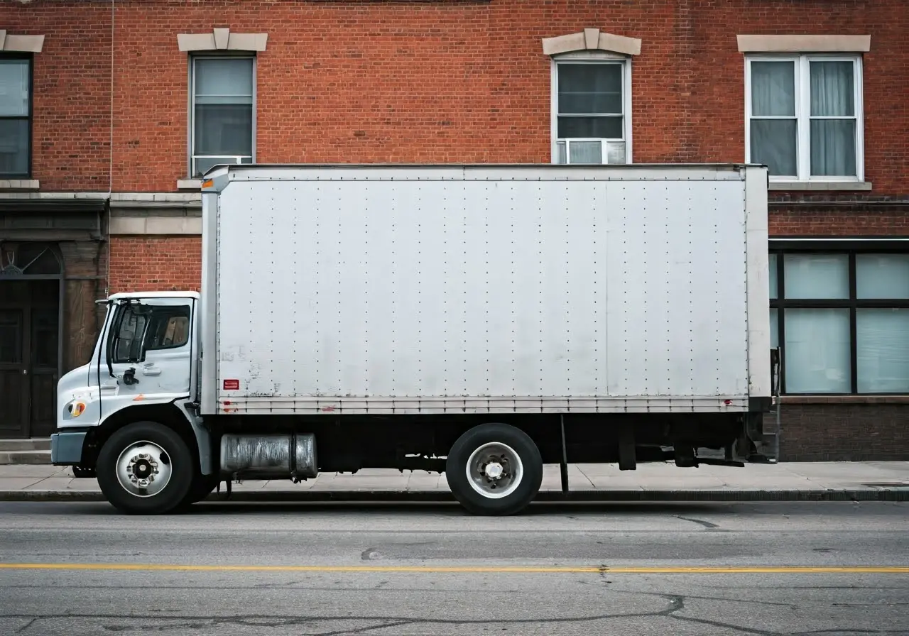 A moving truck parked in an urban London, Ontario street. 35mm stock photo