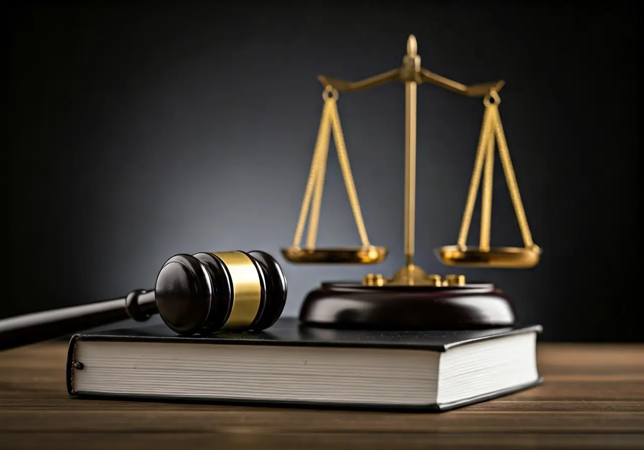 A gavel and scales of justice on a law book. 35mm stock photo