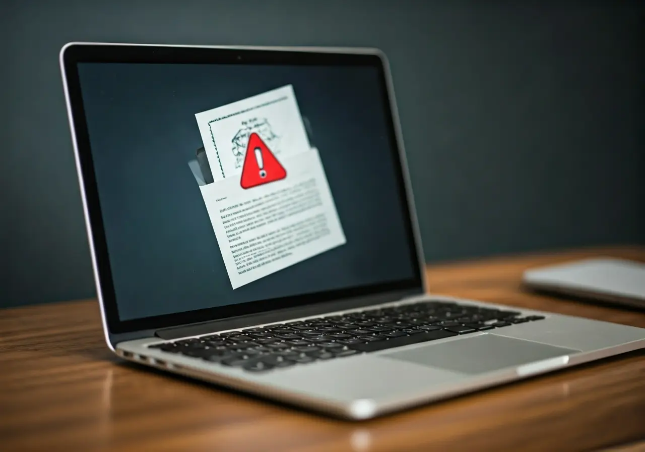 A laptop screen displaying a suspicious email with warning signs. 35mm stock photo