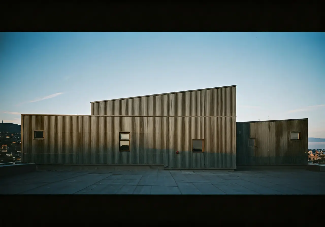 A modern Seattle rooftop with sleek Nu Ray Metal panels. 35mm stock photo