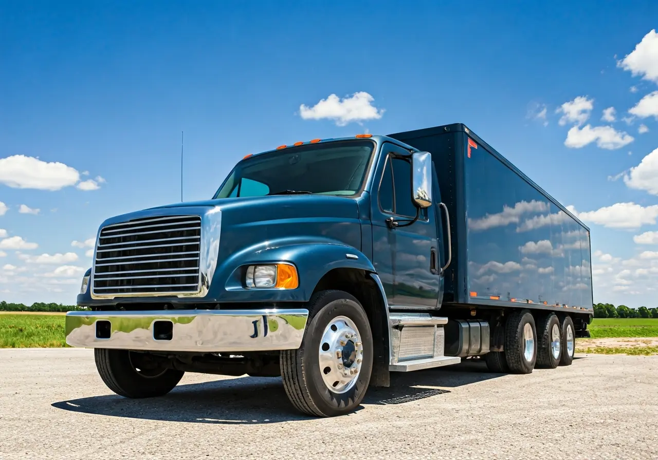 A sleek truck with tinted windows under a bright sky. 35mm stock photo