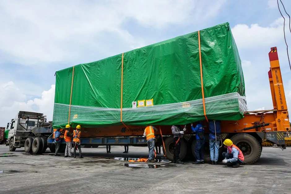 Workers handling a large container on a trailer in Jakarta, showcasing industrial transportation.