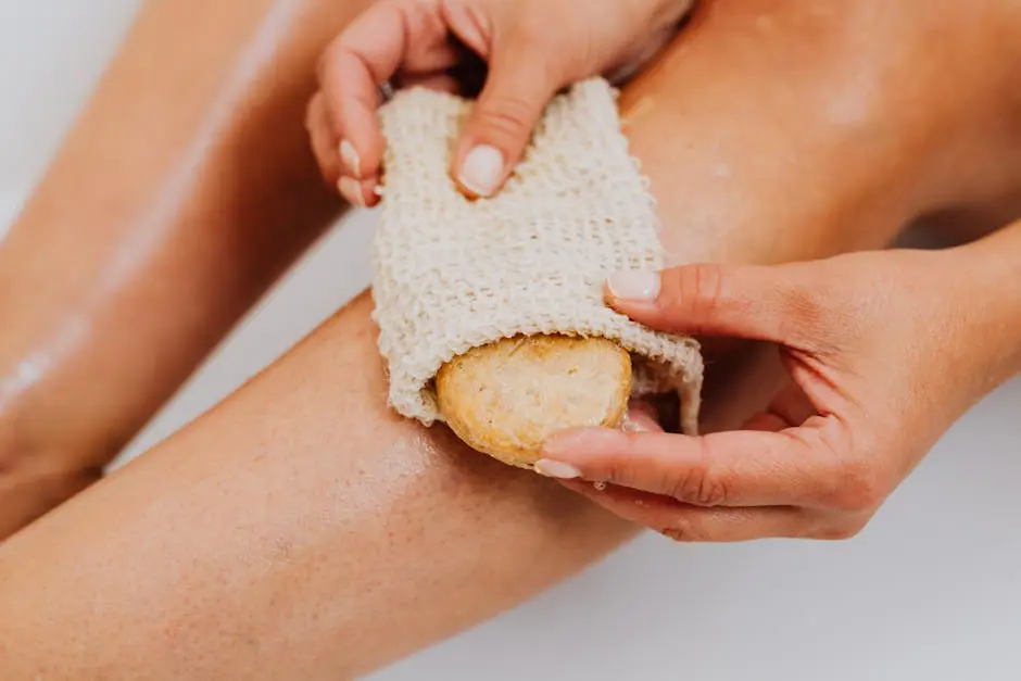 Detailed shot of hands exfoliating smooth legs using a natural loofah sponge for skincare.