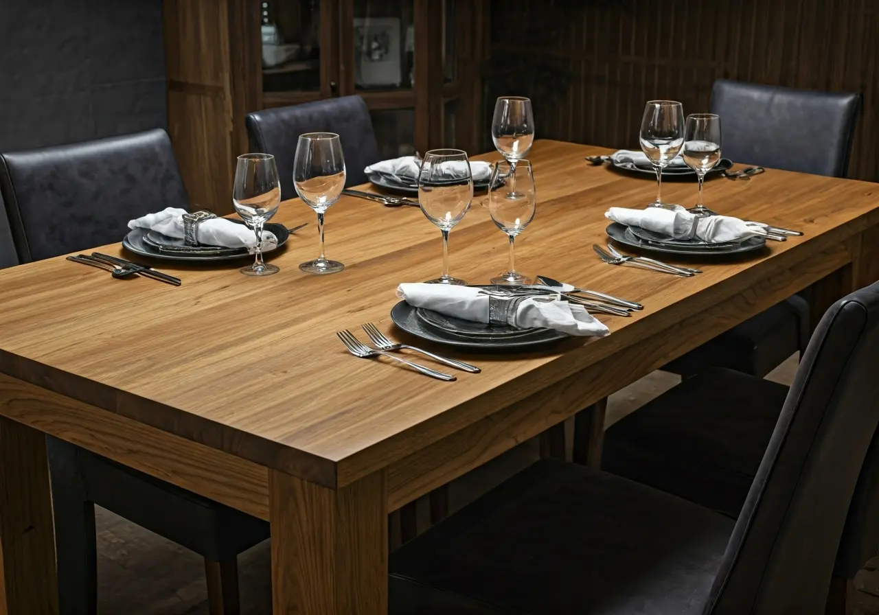 A beautifully set solid wood dining table with elegant decor. 35mm stock photo