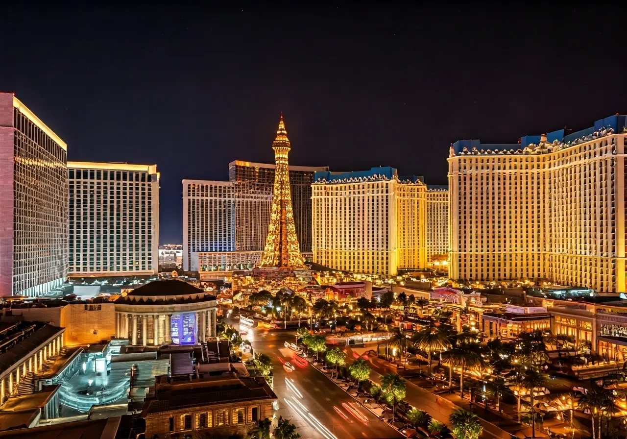 A bustling Las Vegas skyline with vibrant city lights. 35mm stock photo
