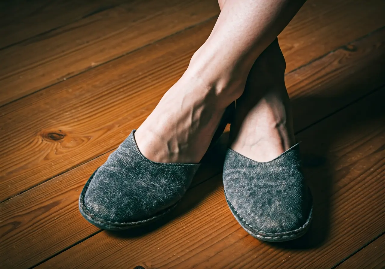 A pair of stylish barefoot casual shoes on wooden floor. 35mm stock photo