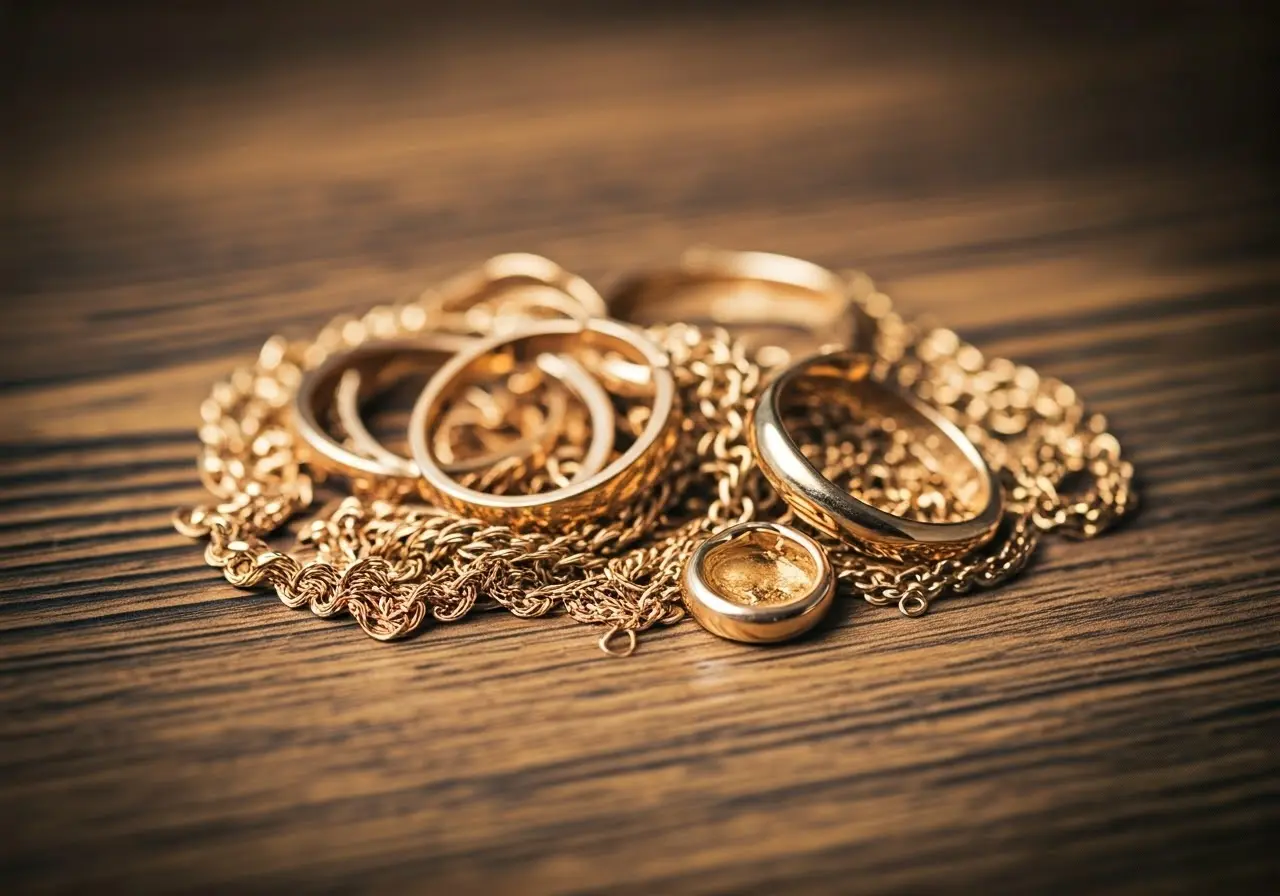 A pile of shiny gold jewelry on a wooden table. 35mm stock photo