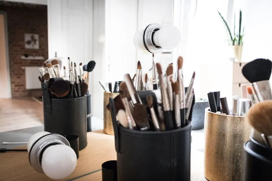 A collection of makeup brushes neatly organized in stylish holders on a vanity table with natural light.