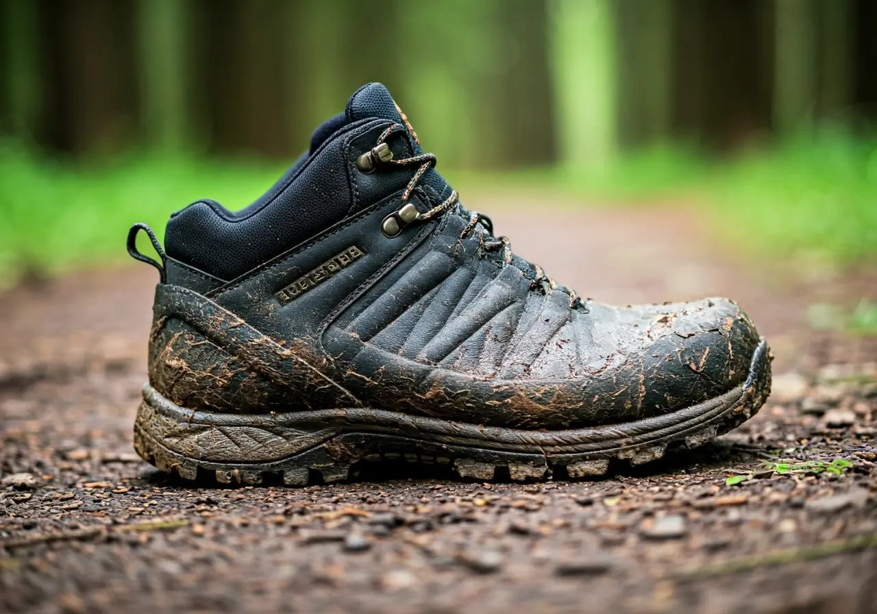 A pair of muddy zero drop hiking boots on a trail. 35mm stock photo