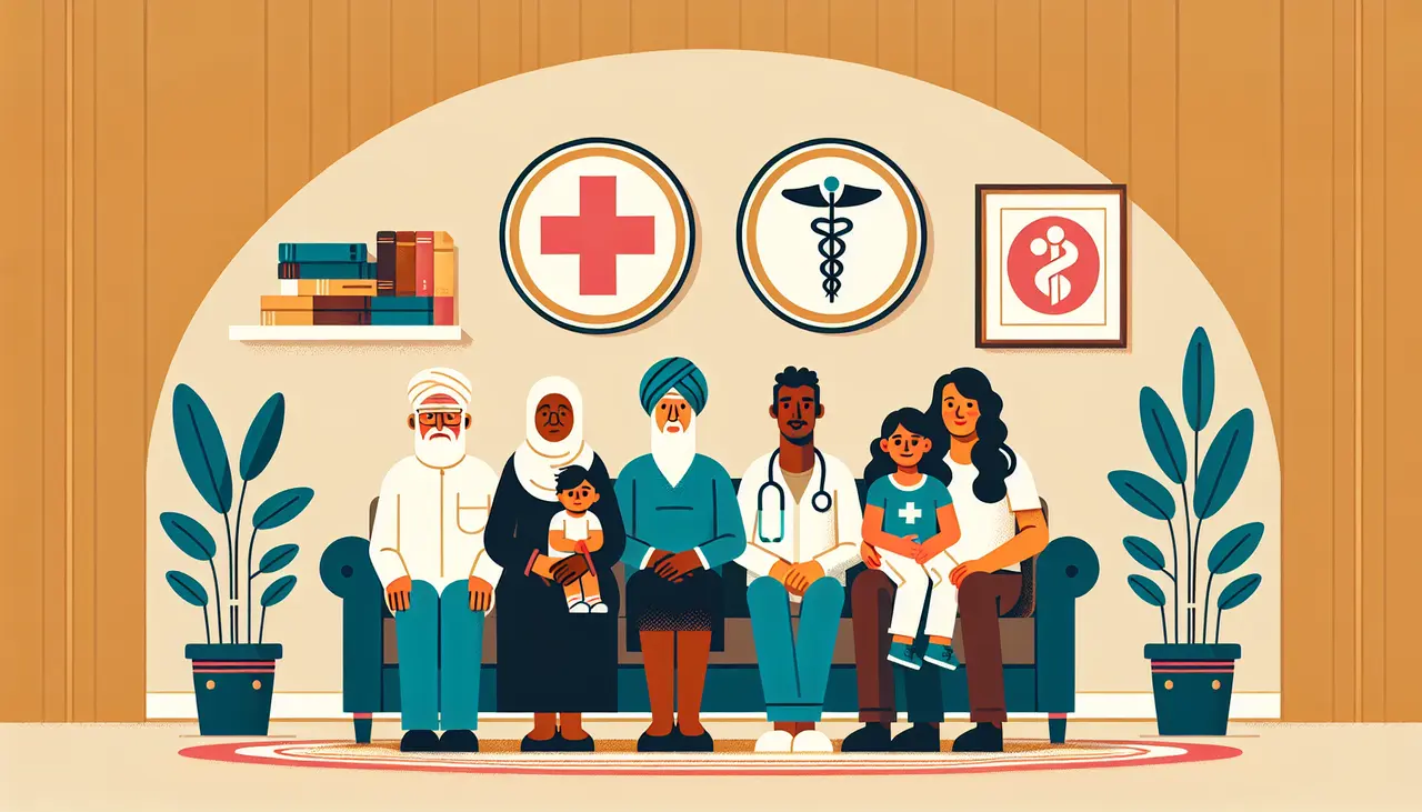 Draw a graphic in flat design style. A flat design illustration of a family sitting together in a cozy living room, with a cross and a medical symbol displayed on the wall in the background, conveying a sense of faith and healthcare.