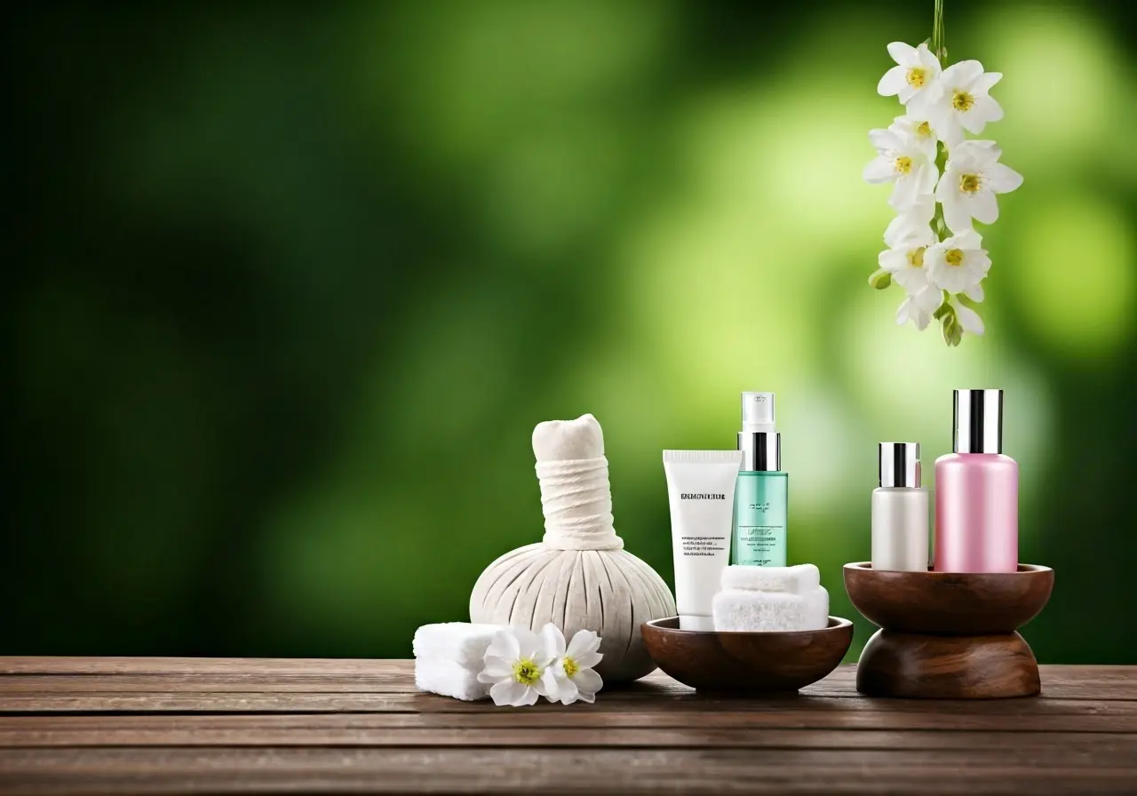 A serene spa setting with a display of skincare products. 35mm stock photo
