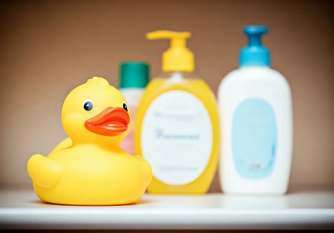 A rubber duck next to baby bath products on a shelf. 35mm stock photo