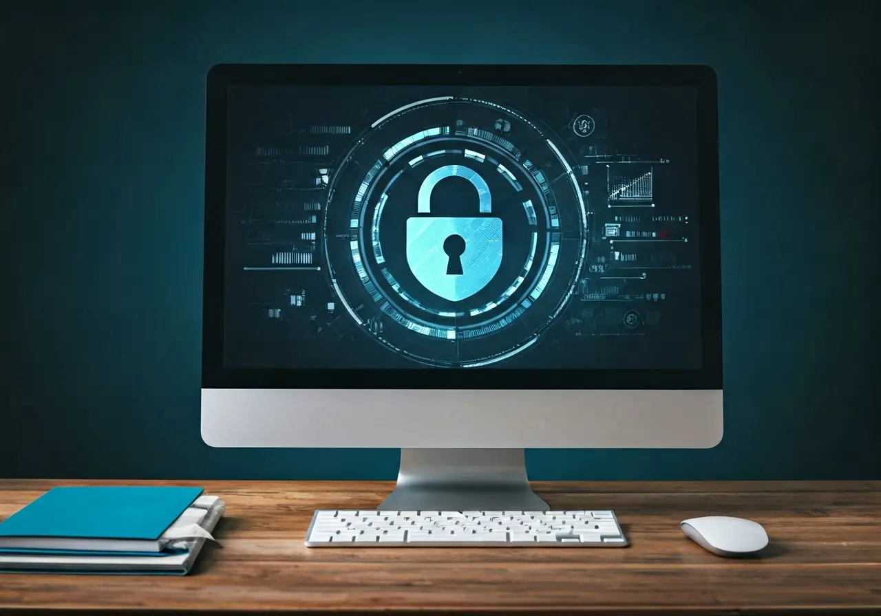 A computer with a secure lock symbol overlayed on screen. 35mm stock photo