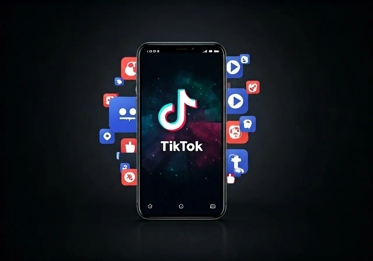 Smartphone displaying TikTok app surrounded by social media icons. 35mm stock photo