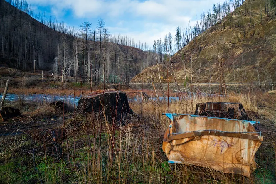 Rusty dumpster in a barren landscape of Ripplebrook, Oregon, depicting environmental degradation.
