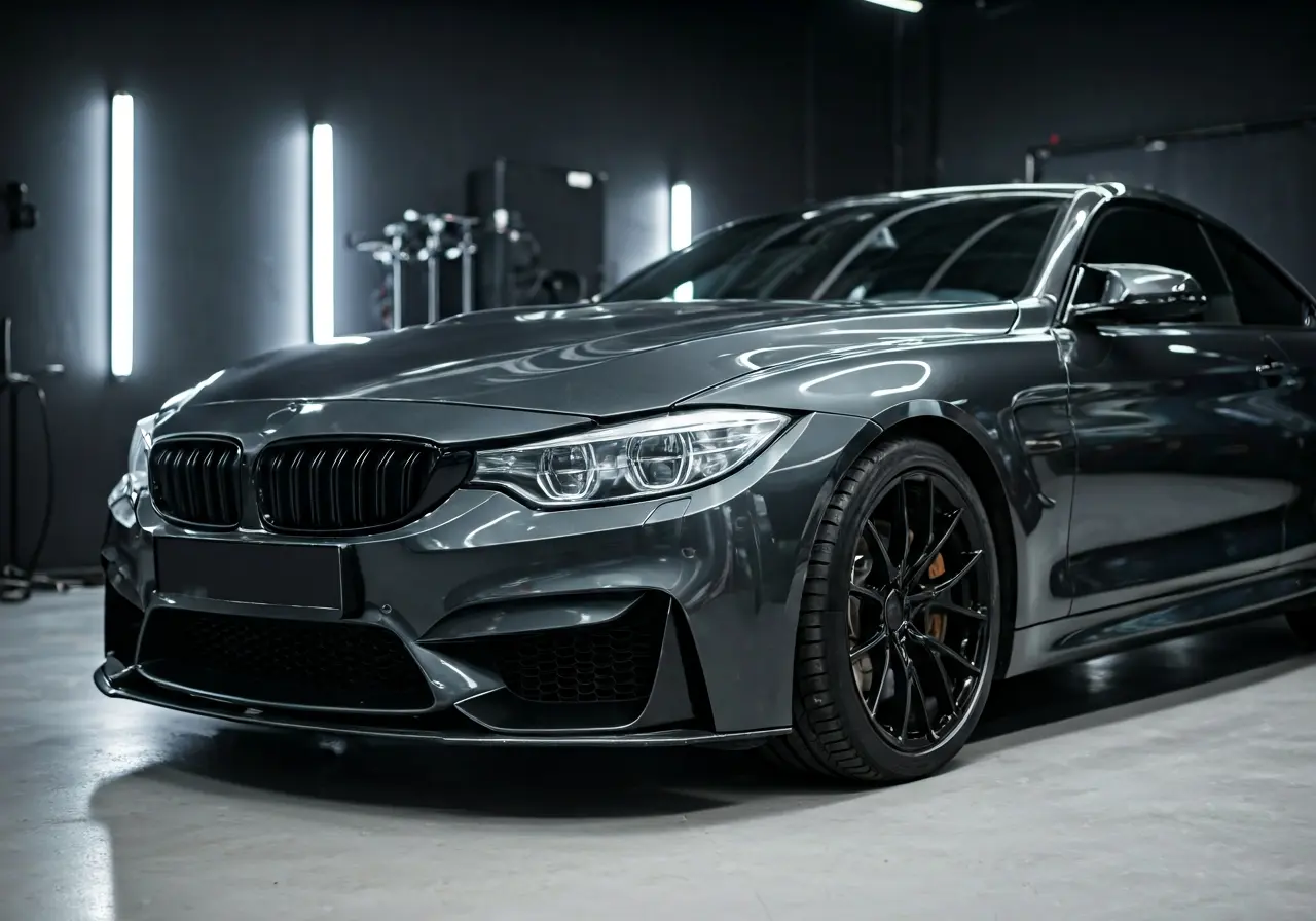 A sleek car glistening with a fresh ceramic coating. 35mm stock photo