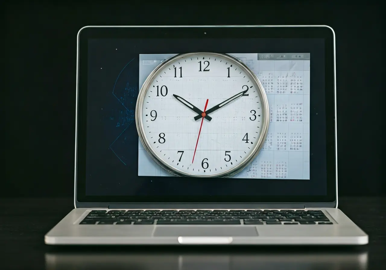 A clock and calendar on a laptop screen. 35mm stock photo