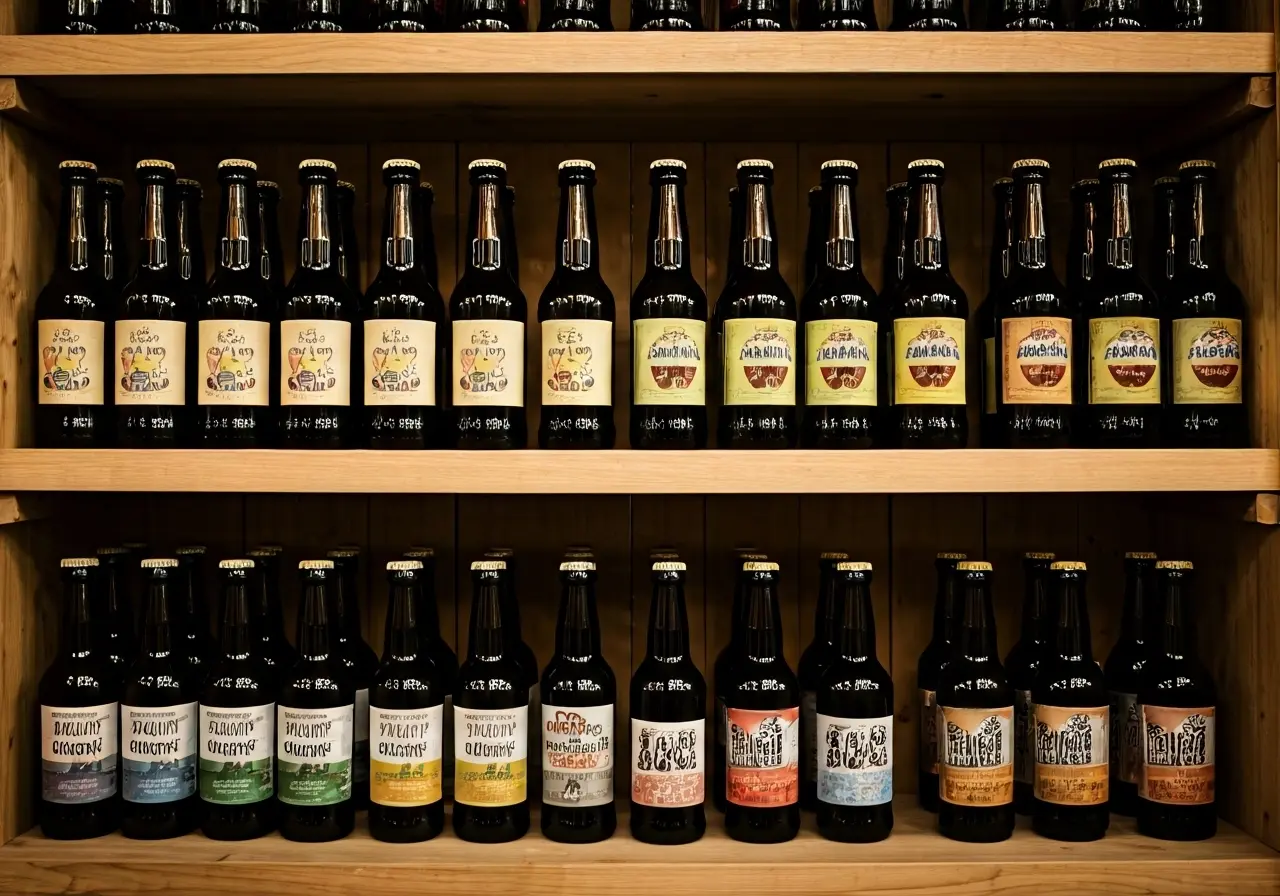 Rows of colorful artisan beer bottles on wooden shelves. 35mm stock photo