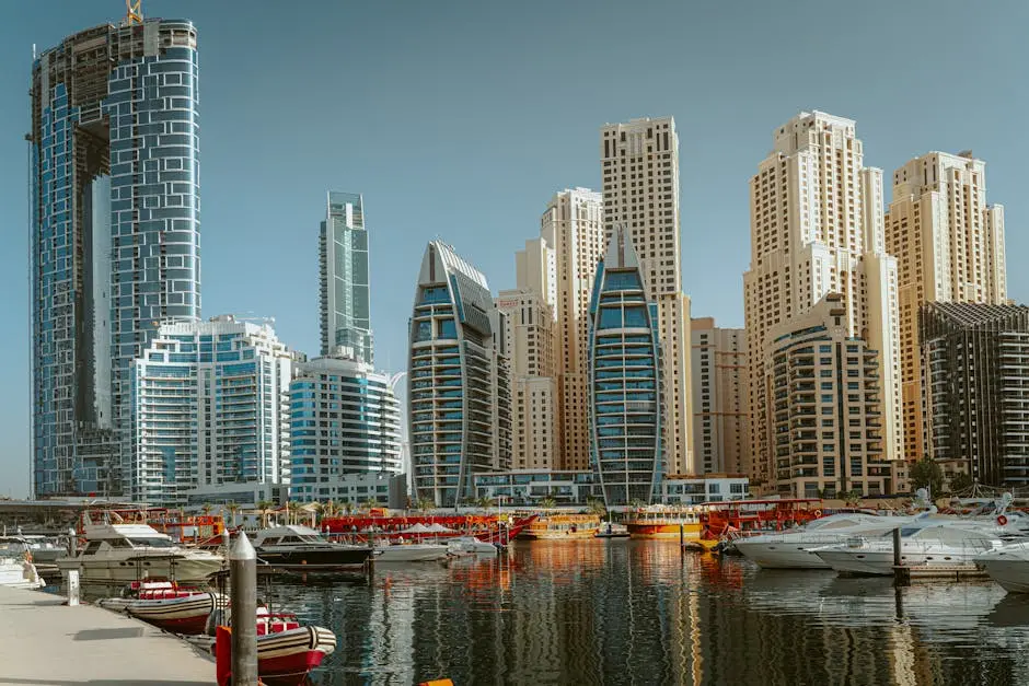 Panoramic view of Dubai Marina showing iconic skyscrapers and yachts