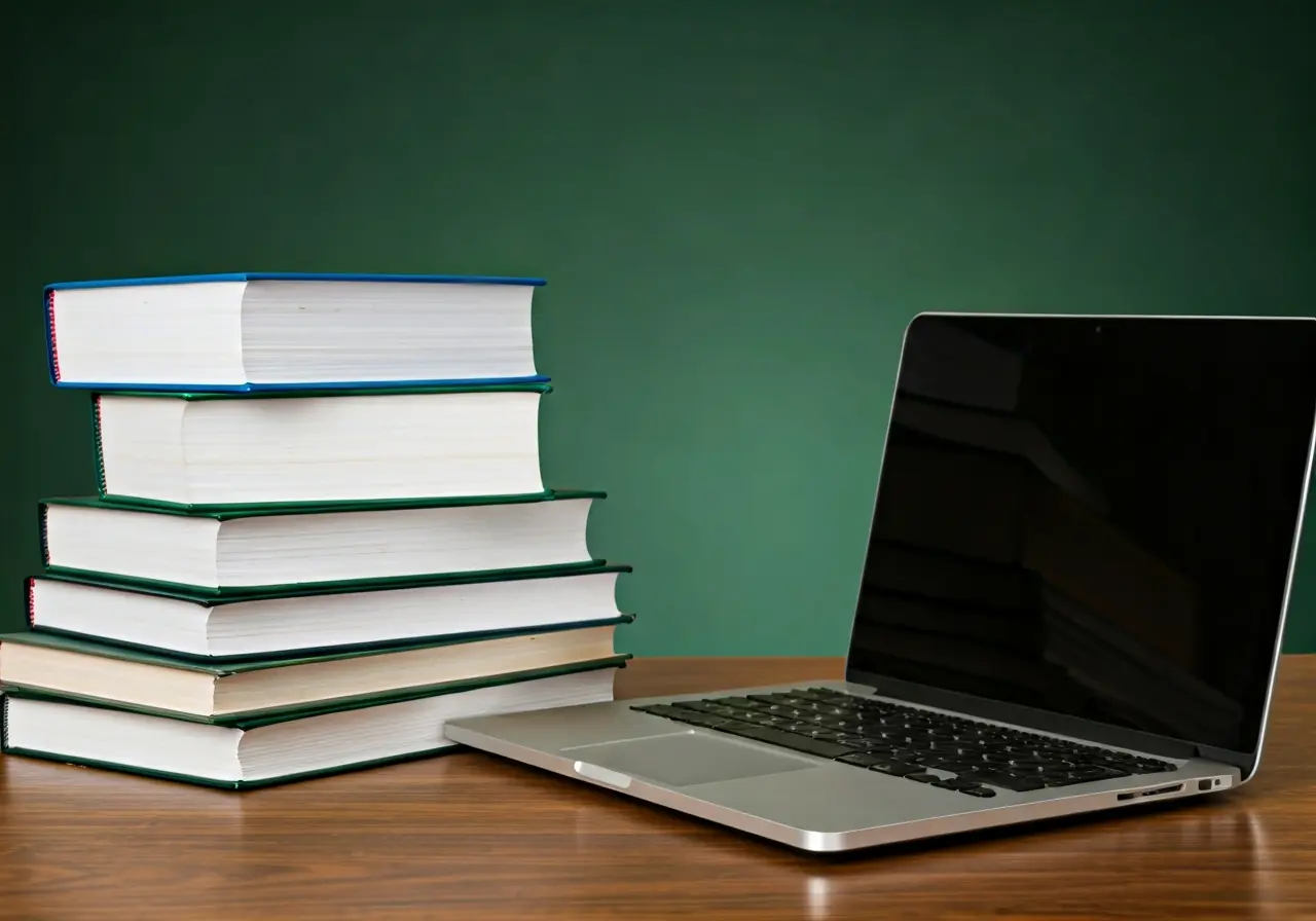 A laptop next to a stack of educational books. 35mm stock photo