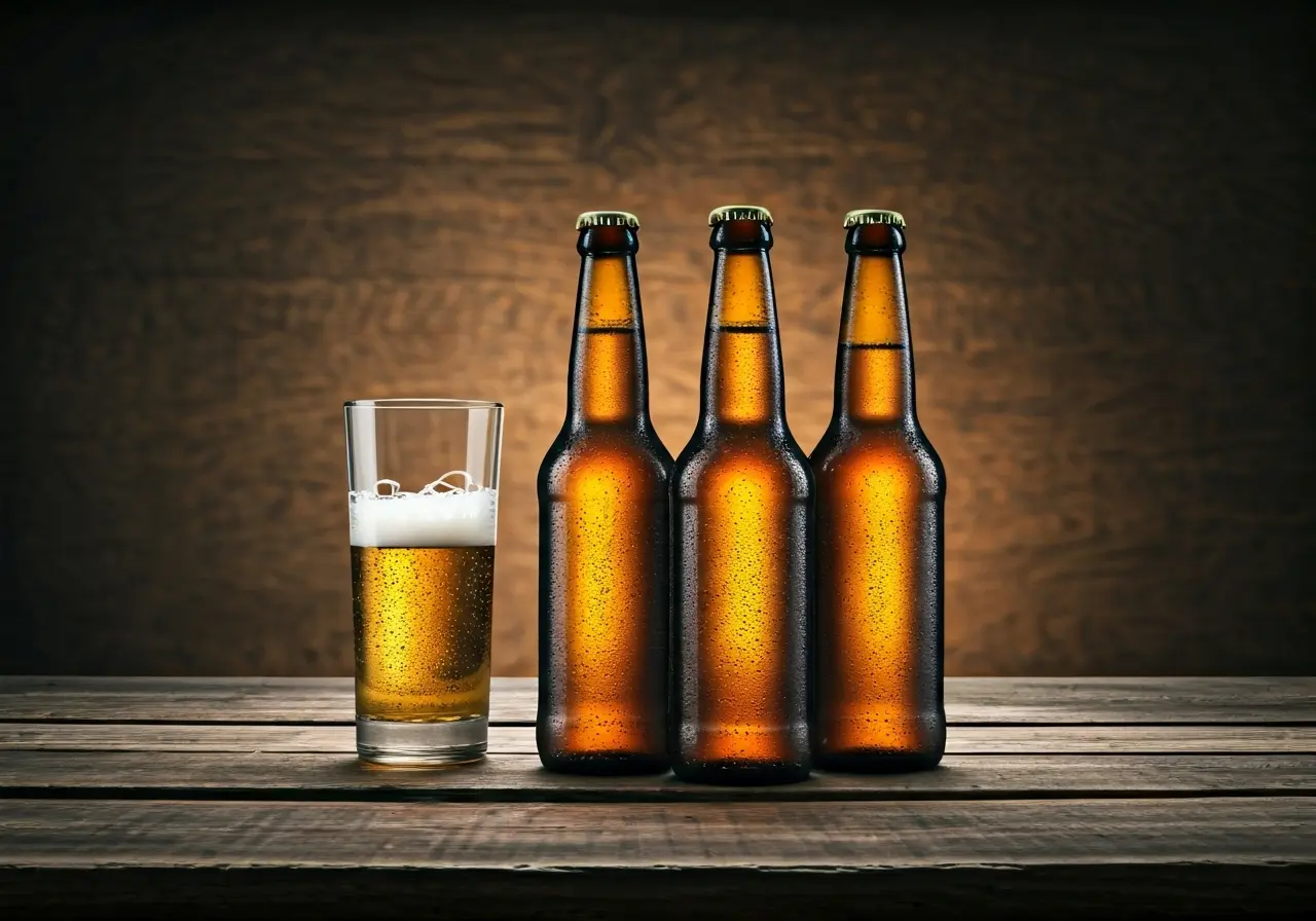 Non-alcoholic beer bottles and glasses on a rustic table. 35mm stock photo