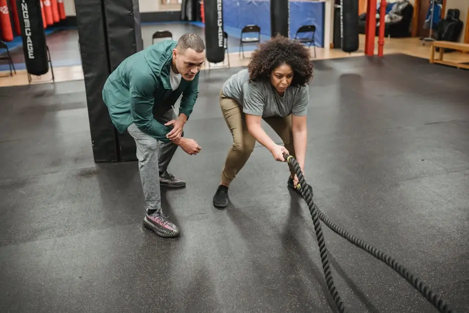 Dedicated trainer overseeing workout with determined female using battle ropes in gym.